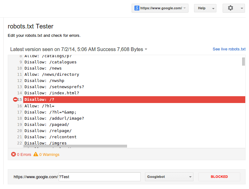 Google Webmaster Tools Robots.txt Tester